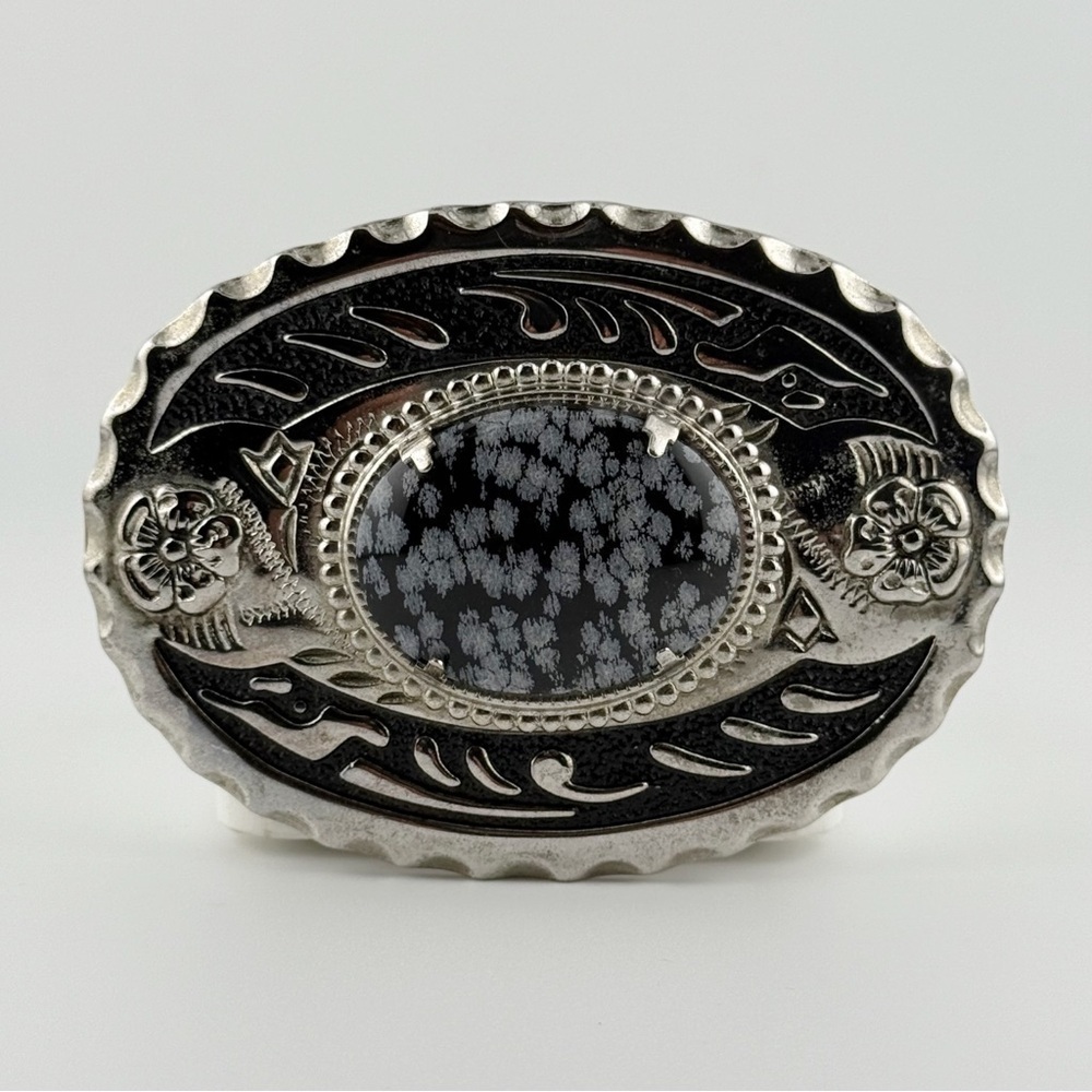 Western Oval Snowflake Obsidian Belt Buckle Silver Tone Floral Scalloped